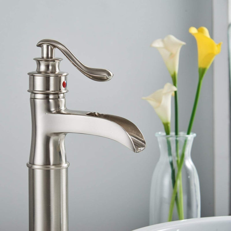 BATHFINESSE Bathroom Faucet Vessel Sink Faucet Waterfall Faucet for Sink 1 Hole with Pop Up Drain None Overflow Tall Bowl Sink Mixer Tap Deck Mount, Brushed Nickel - Image 5